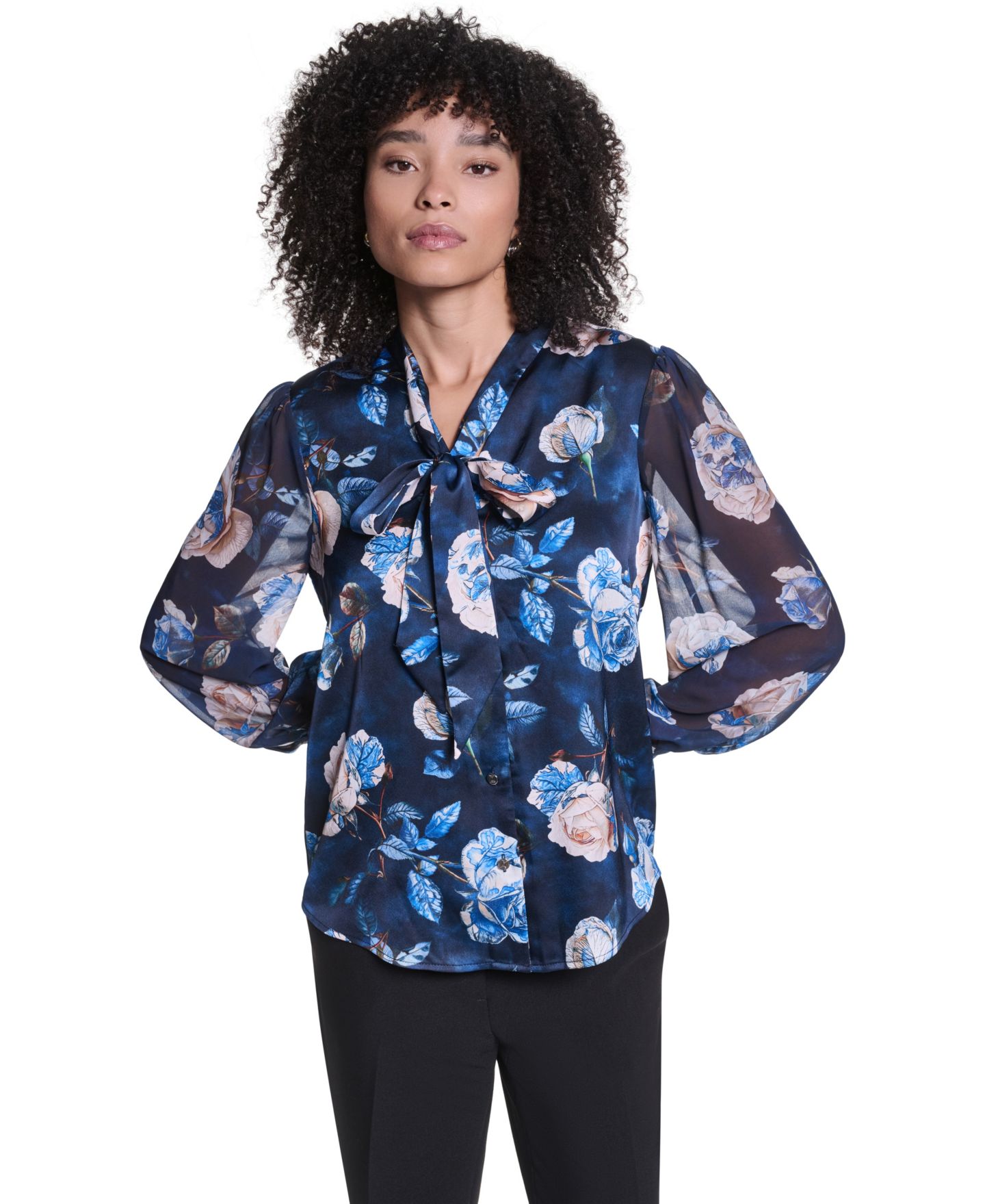 Женская блузка KARL LAGERFELD PARIS Long-Sleeve Blouse, цвет: Стальной синий разноцветный — фото 7
