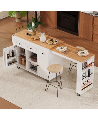 85.5" Extendable Kitchen Island with Storage, Power Outlet, and Shelves
