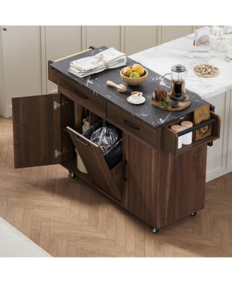 Kitchen Island with Drop Leaf, Trash Storage, and Rolling Wheels