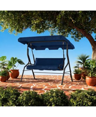 3 Seat Outdoor Porch Swing with Adjustable Canopy, Patio Swing Chair with Stand, Metal Frame, Thick Cushions, 500 lb Capacity