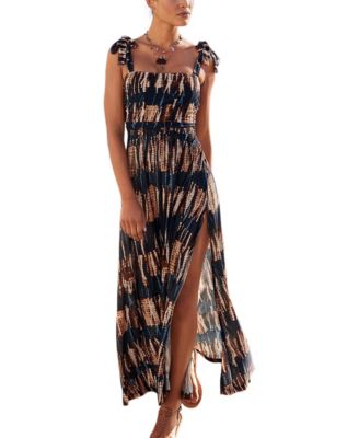Women's Viscose Tropical Print Tie Strap Slit Halter-Neck Maxi Dress