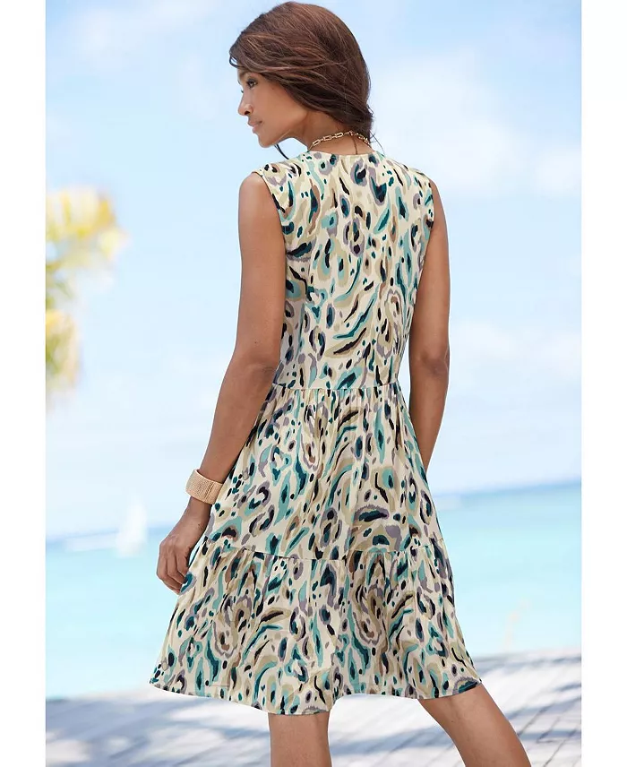Women's Viscose Printed Button Up Tiered A-Line Notch-Neck Short Dress - thumbnail 3