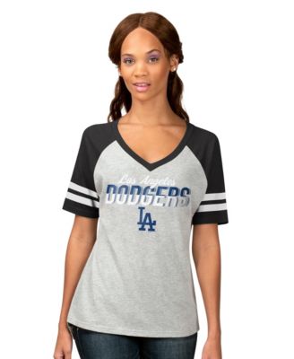 Women's Heather Gray Los Angeles Dodgers Goal Line Raglan V-Neck T-Shirt