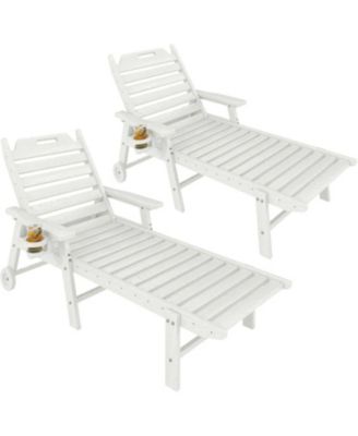 2 Pieces All-Weather Chaise HDPE Lounge Chair, Built-in Cup Holder and Rolling Wheels for Patio, Poolside, Deck