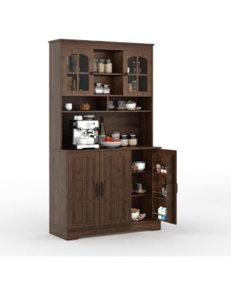 Tall Kitchen Pantry Cabinet with Hutch, 71'' Storage, Glass Doors, Built-in Charging Station, Dining Room Wine Rack and Cupboard
