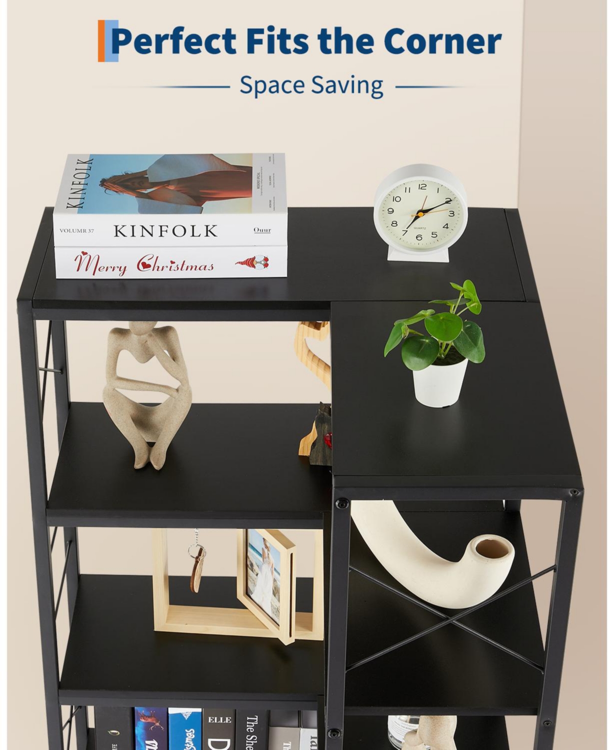 homfan 7-Tier Industrial Corner Bookshelf Freestanding L-Shaped Metal and Wood Bookcase with Adjustable Feet Space-Saving Display Storage Rack