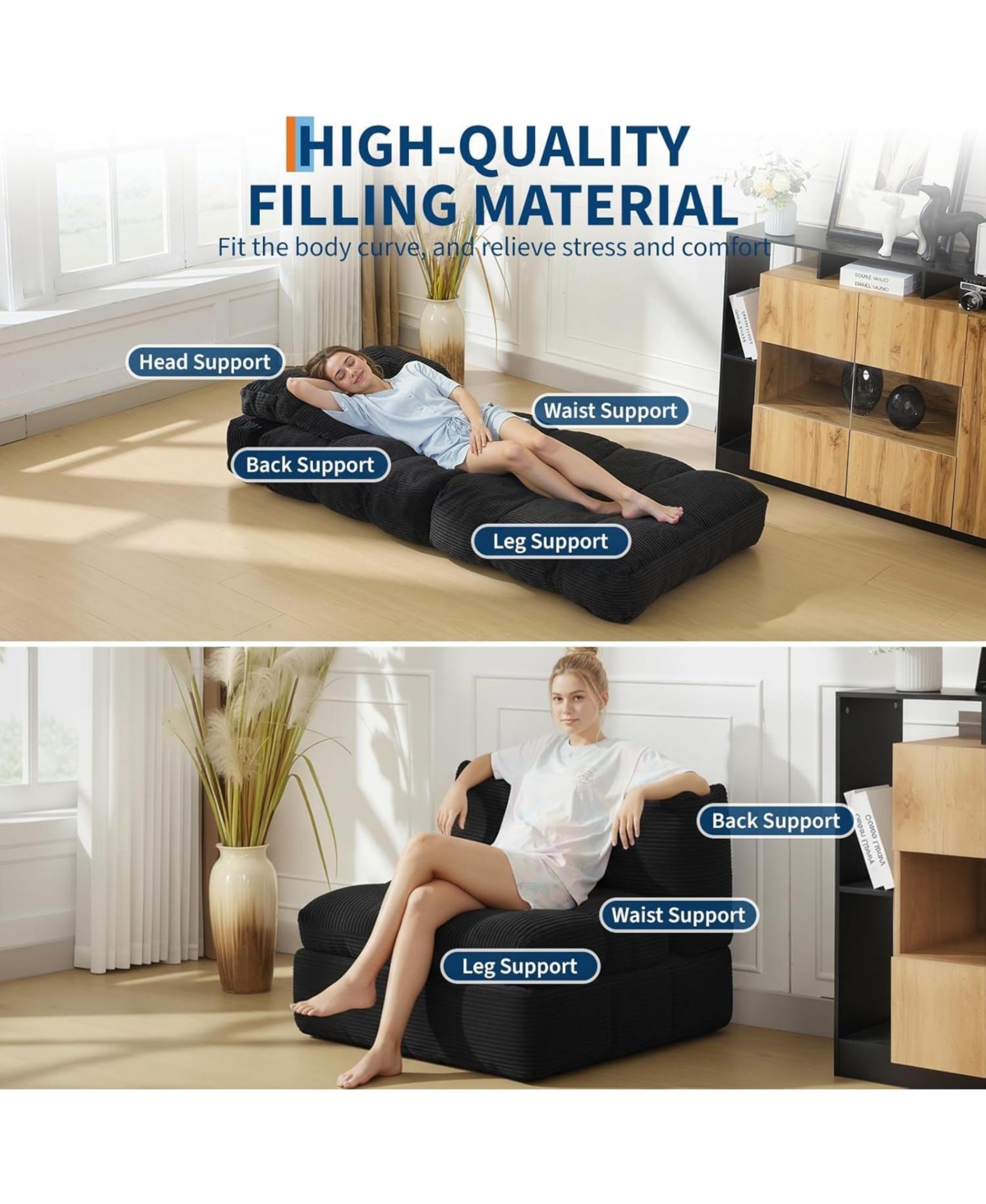 gaomon Folding Sofa Bed, Single Convertible Sleeper Chair with Pillow – Mattress and Back Support, Portable Floor Lounger.