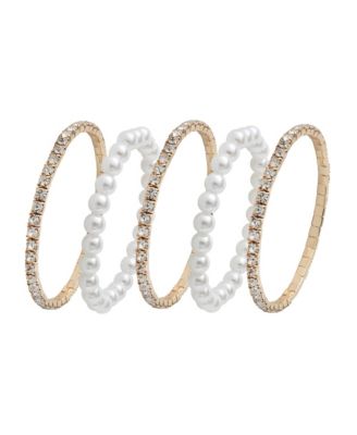 Women's 5-Piece Stretch Bracelet Set, Crystal and Pearl Accents, Gold-Tone Plated Fashion Jewelry