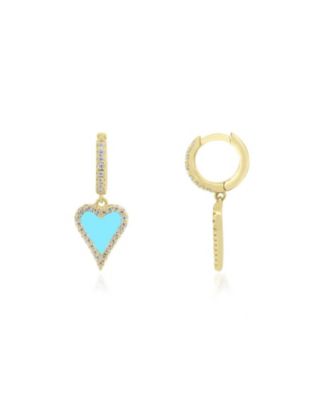Mini Turquoise CZ Halo Heart Dangle Earrings 14K Gold-Plated Sterling Silver