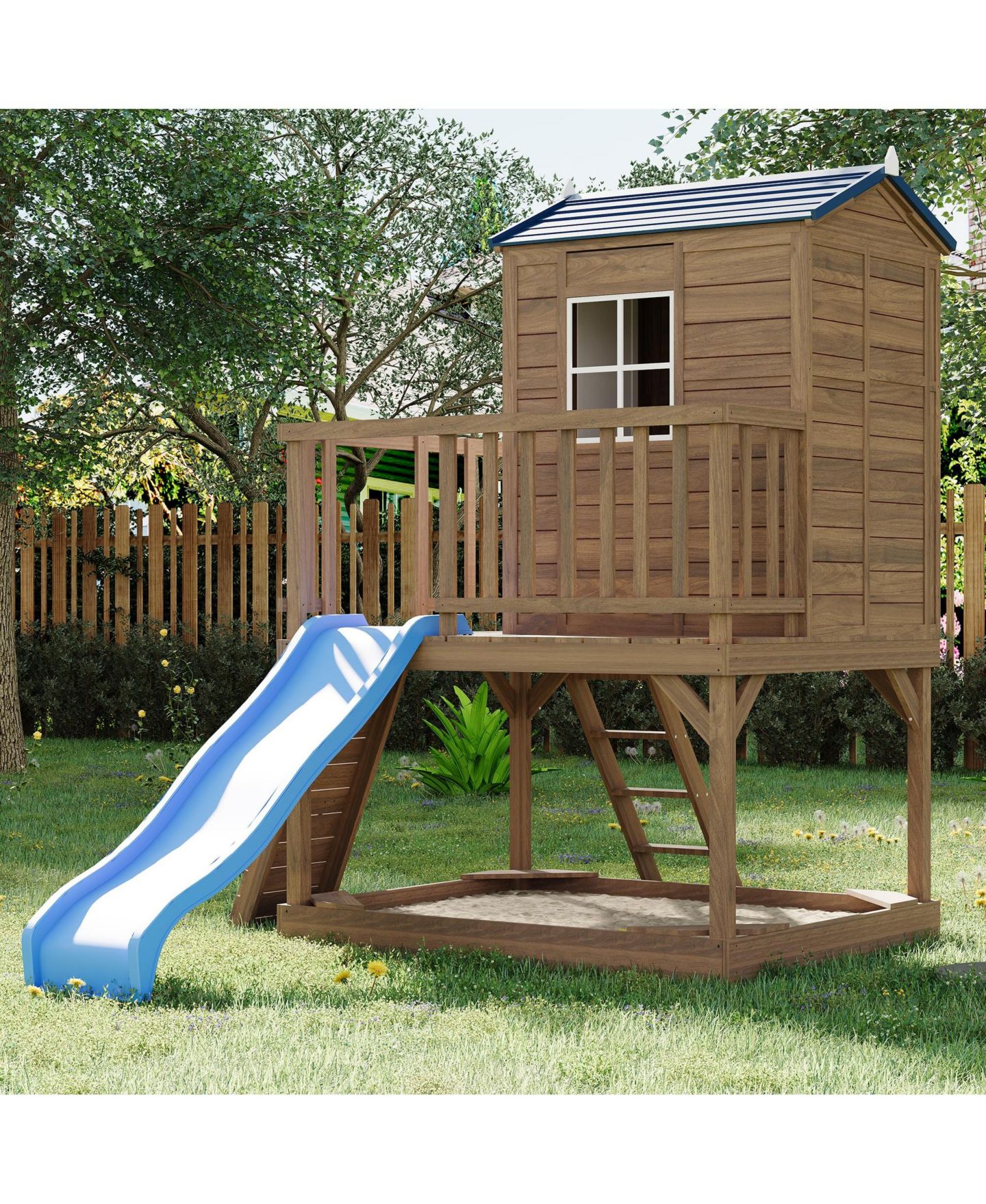 Детская игрушка homfan Kids Outdoor Playhouse with Sandbox, 89 Inch 2 Story Wooden Playhouse with Slide and Step Ladder for Backyard — фото 7