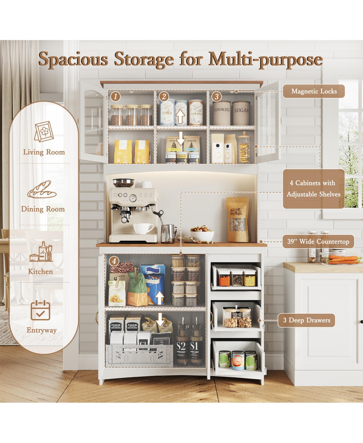 homfan Tall Kitchen Pantry Cabinet with Led Lights and Charging Station,Storage Hutch,Countertop,3 Drawers,4 Doors,Adjustable Shelves,Coffee Bar