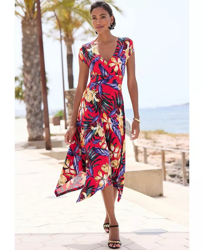 Women's Viscose Printed Handkerchief Hem V-Neck Tie-Waist Midi Dress - thumbnail 2
