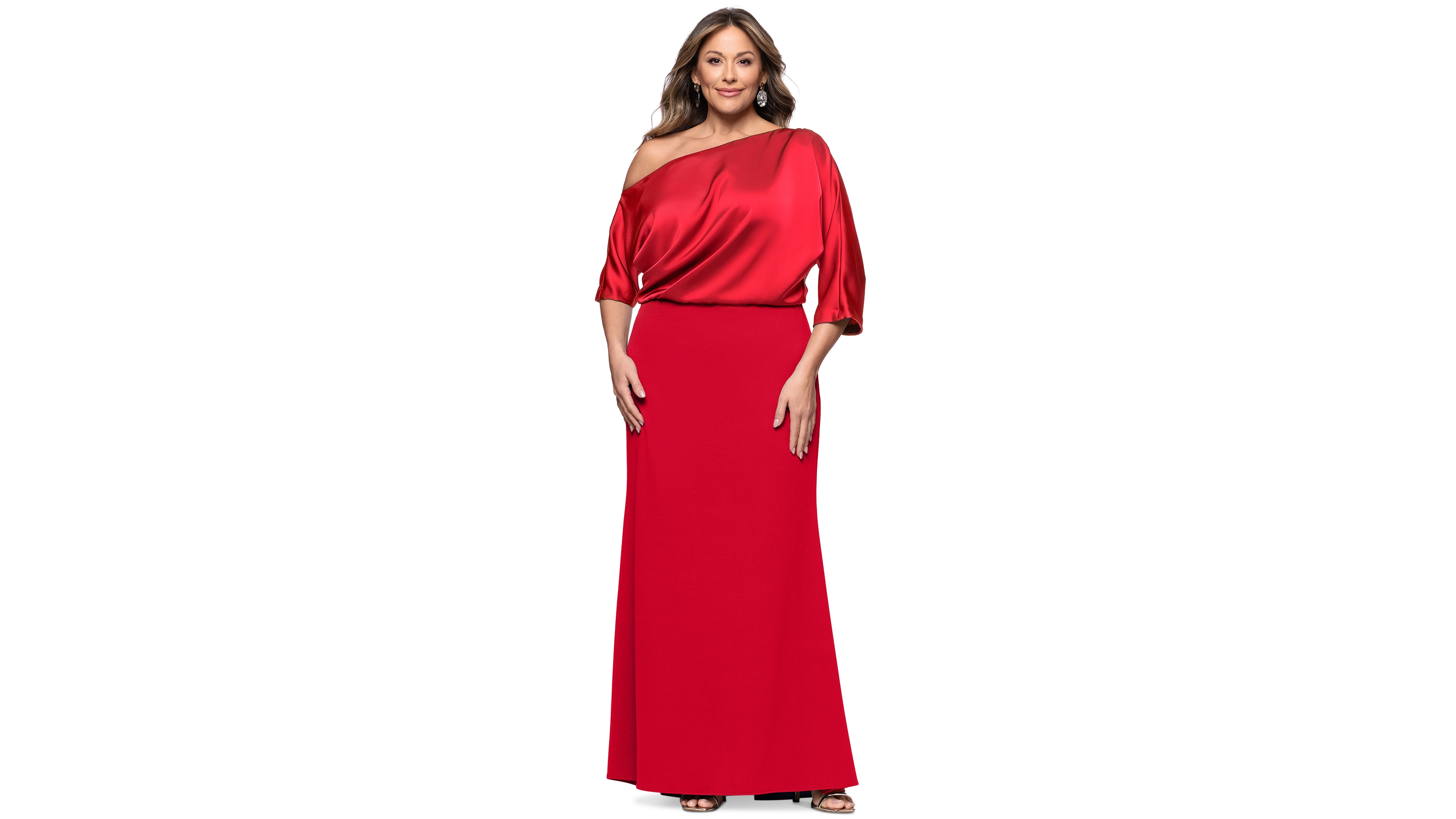 Betsy & Adam Plus Asymmetrical Neck Long Dress
