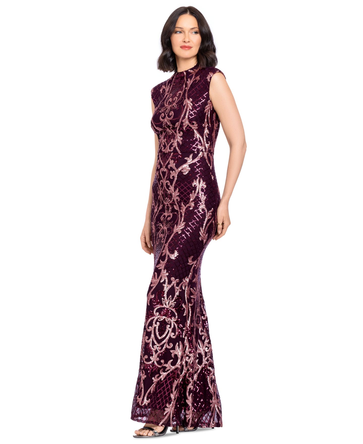 Женское платье B&A By Betsy and Adam Petite Sequin Mock Neck Maxi, цвет: Винный розовый — фото 2