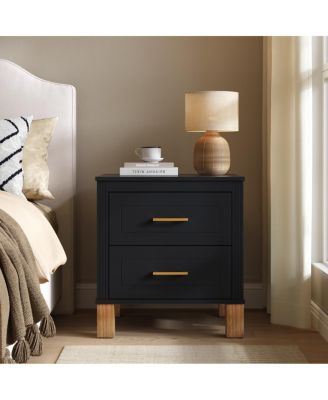 2-Drawer Fluted Wood Nightstand with Metal Handle