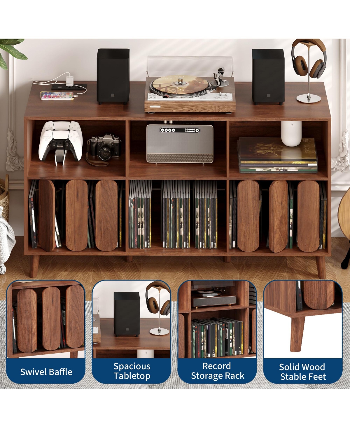 homfan 55.1" Wide Vinyl Record Player Stand with Power Outlets and Usb, Storage Cabinet for 300 Plus Records