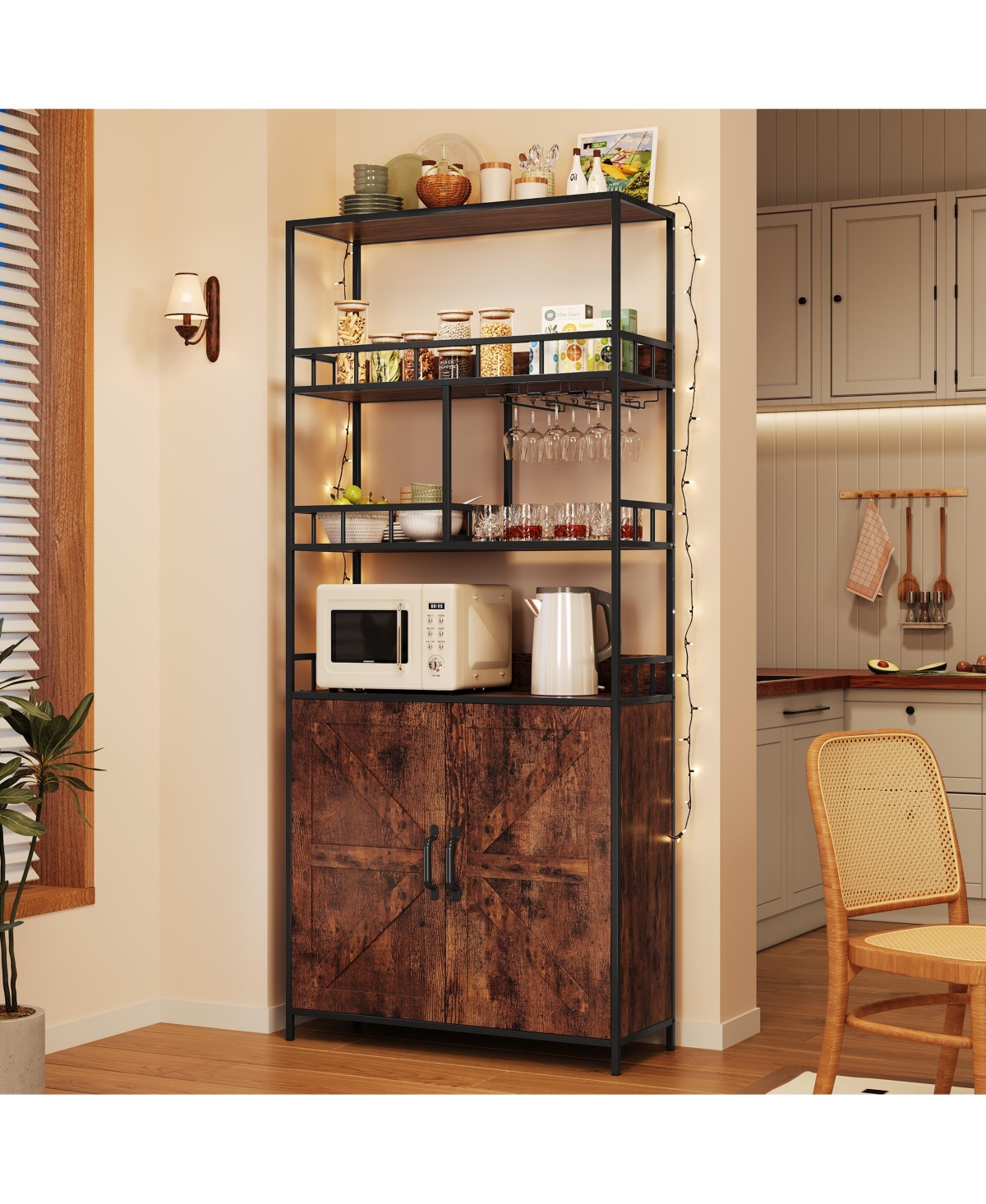 homfan 70.8" Tall Bakers Rack with Cabinet 5-Tier Freestanding Wine and Coffee Bar Cabinet, Wooden Doors, Open Storage Shelves, Metal Spice Rack
