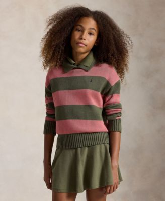 Girls' 7-16 Striped Long-Sleeve Polo Sweater