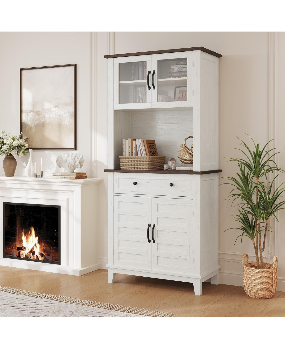 homfan 72" Kitchen Pantry Cabinet with Drawers and Glass Doors, Farmhouse Hutch with Storage, Microwave Stand for Kitchen and Dining Room