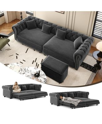 Chesterfield 3-in-1 Velvet Pull-Out Sleeper Sofa with Movable Ottoman
