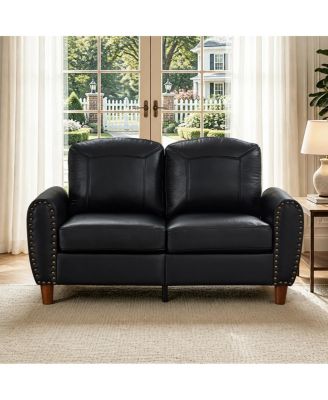 59" Classic Faux Leather Loveseat with Rolled Arms and Solid Wood Legs