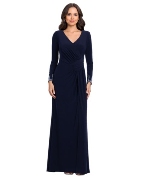 Женские платья Betsy & Adam V-Neck Gown with Embellished Cuff, цвет: Тёмно-синий