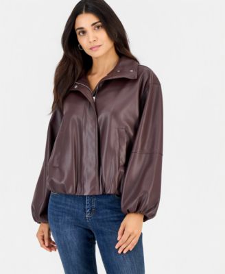 Petite Faux Leather Funnel-Neck Bomber Jacket