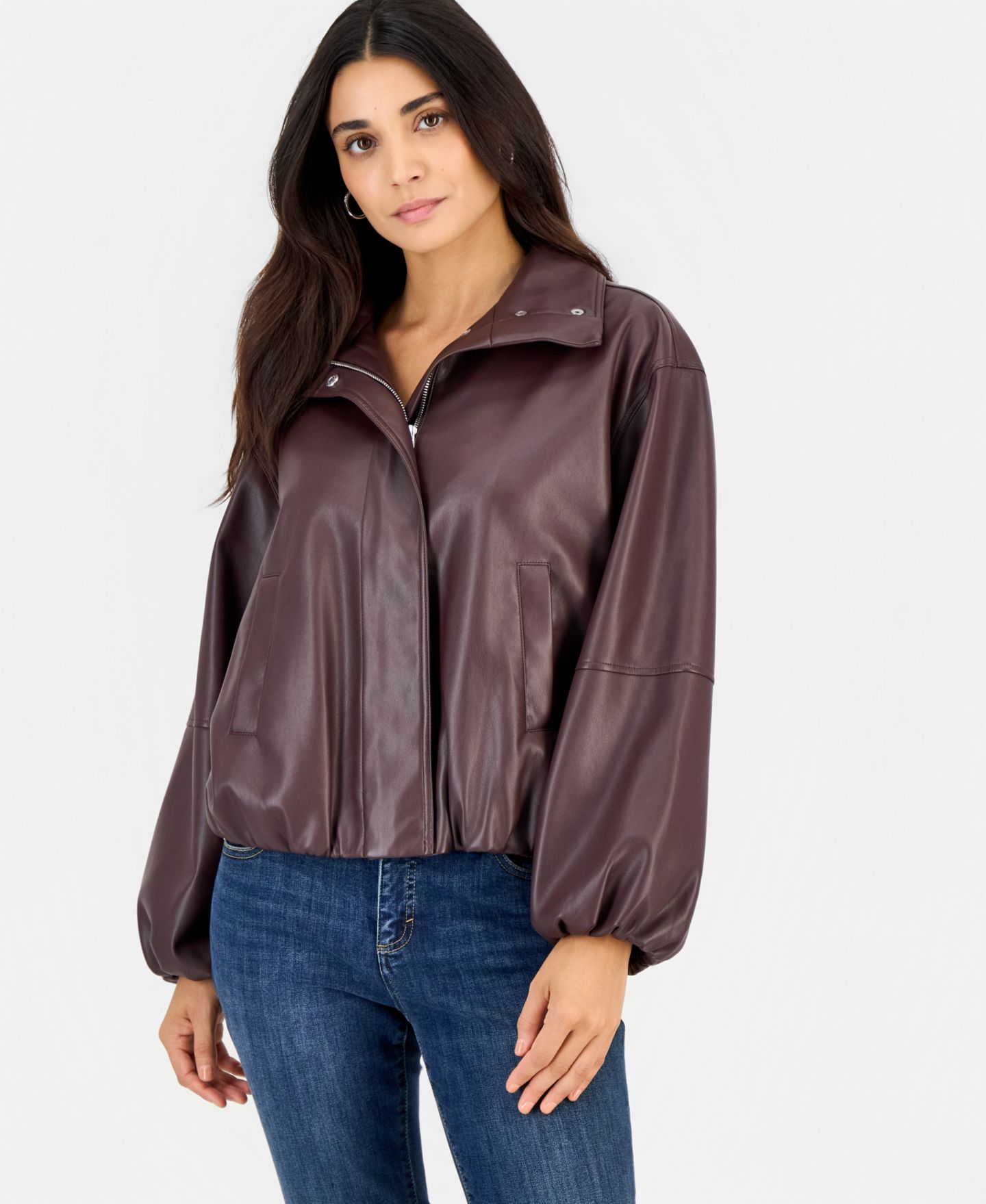 Женская куртка I.N.C. International Concepts Petite Faux Leather Funnel-Neck Bomber, цвет: Darkest Prune — фото 1