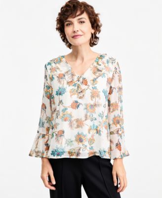 Women's Shine Floral V-Neck Bell Sleeves Printed Blouse