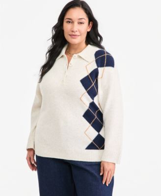 Plus Size Argyle Polo Long-Sleeve Sweater
