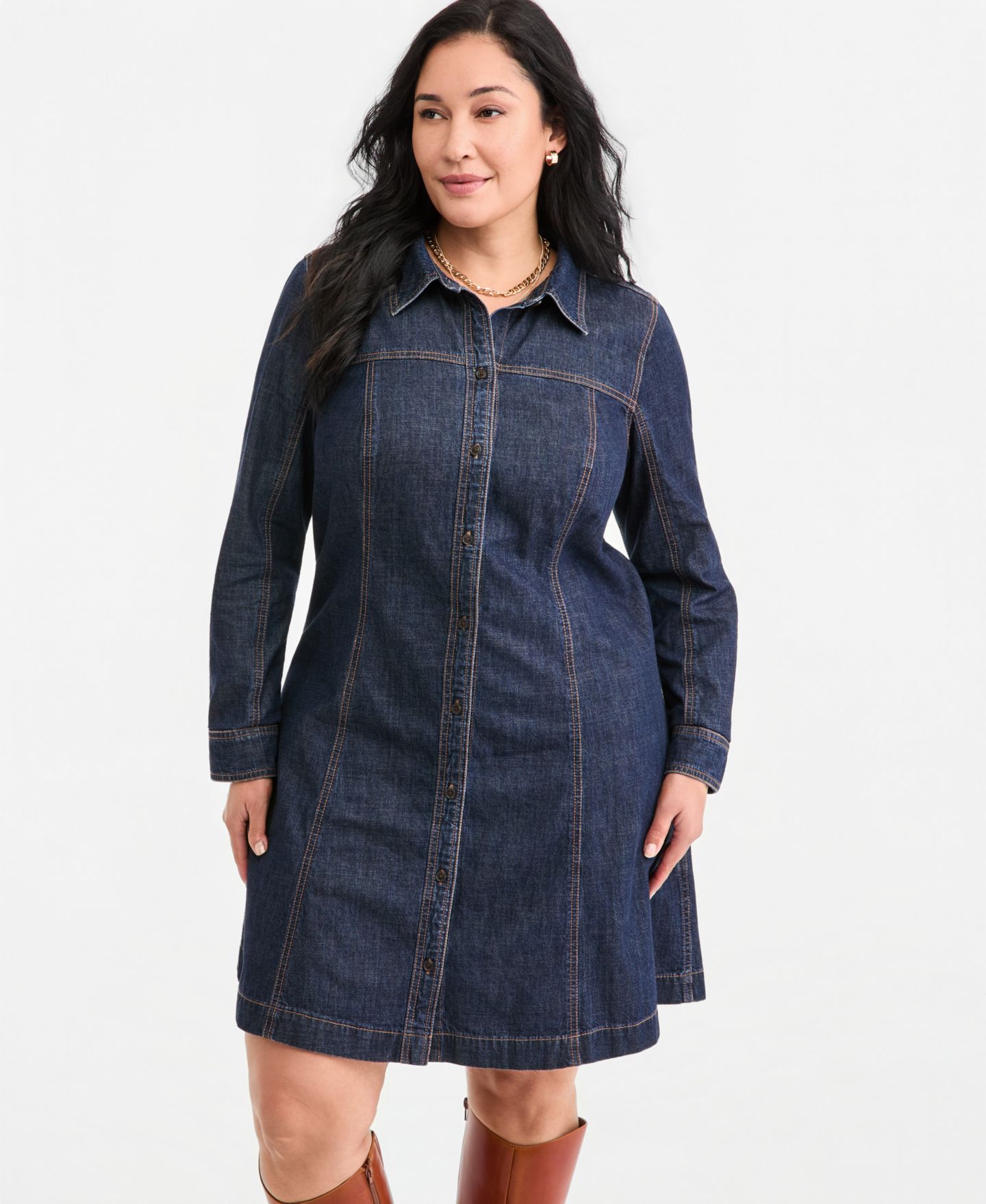 Женское платье On 34th Plus Size Denim Long-Sleeve Mini, цвет: Варёный — фото 5