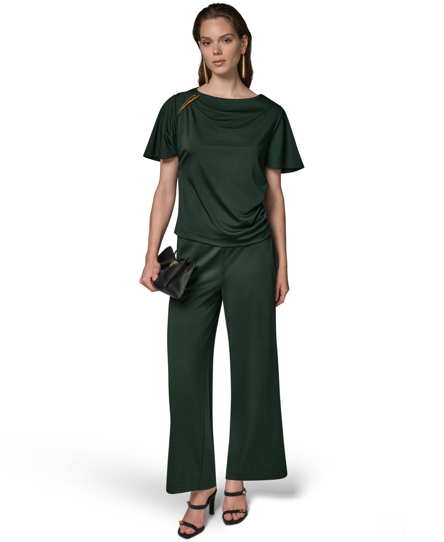 Женский топ Donna Karan New York Ruched Side Short-Sleeve Top, цвет: Чёрный тёмно-зелёный — фото 3