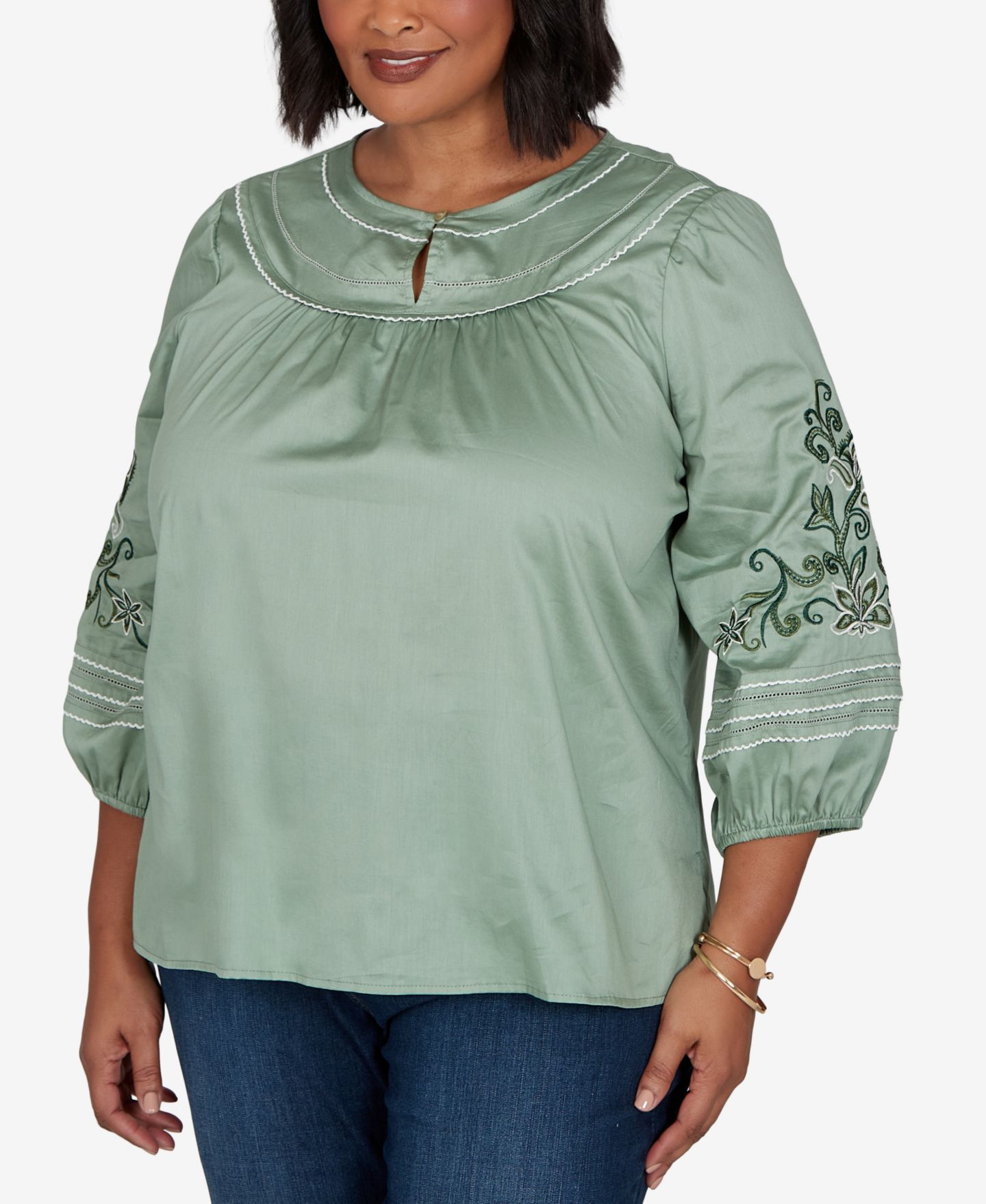 Женский топ Ruby Rd. Plus Size Embroidered Sleeve Voile, цвет: Jasper — фото 2