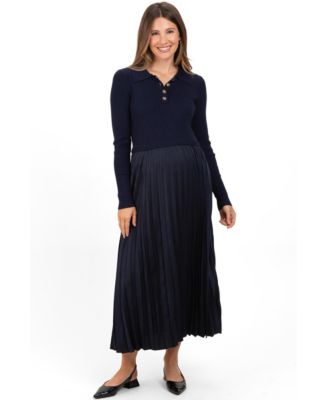 Women's Navy Collared Knit Contrast Pleated Skirt Midi Dress