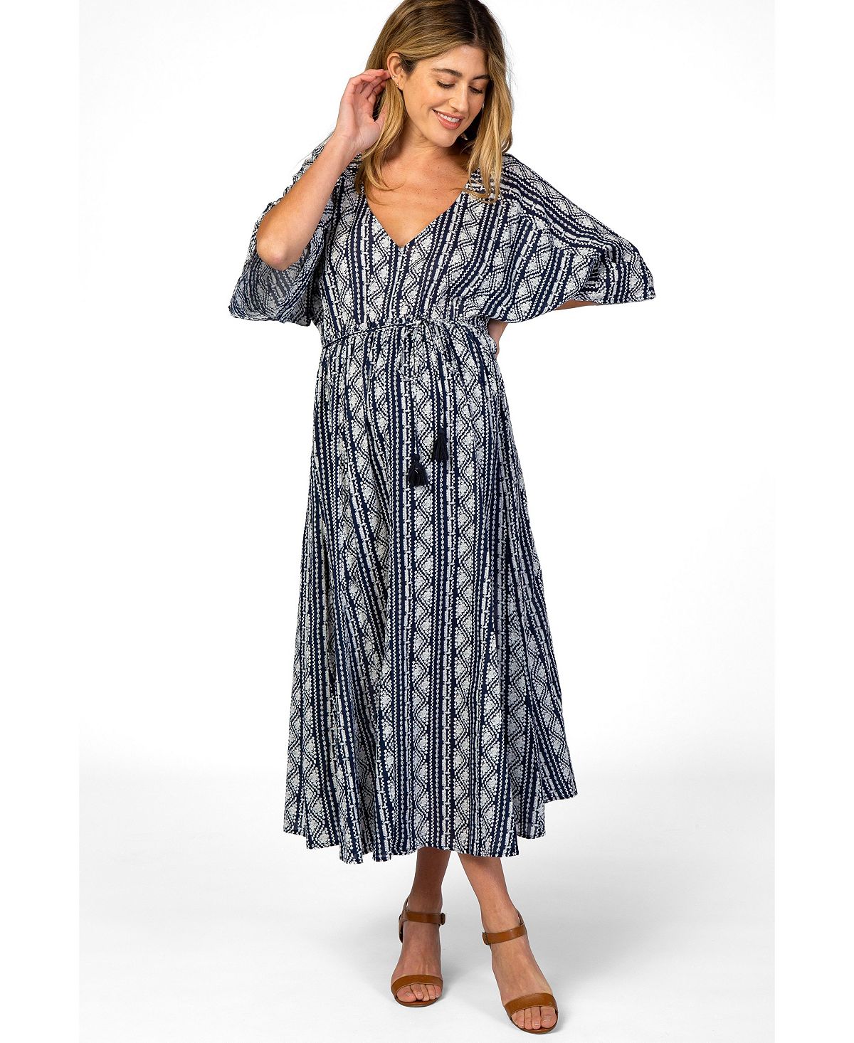 Pinkblush Women's Navy Printed V-Neck Midi Dress view 2 — MAYCSS fashion products