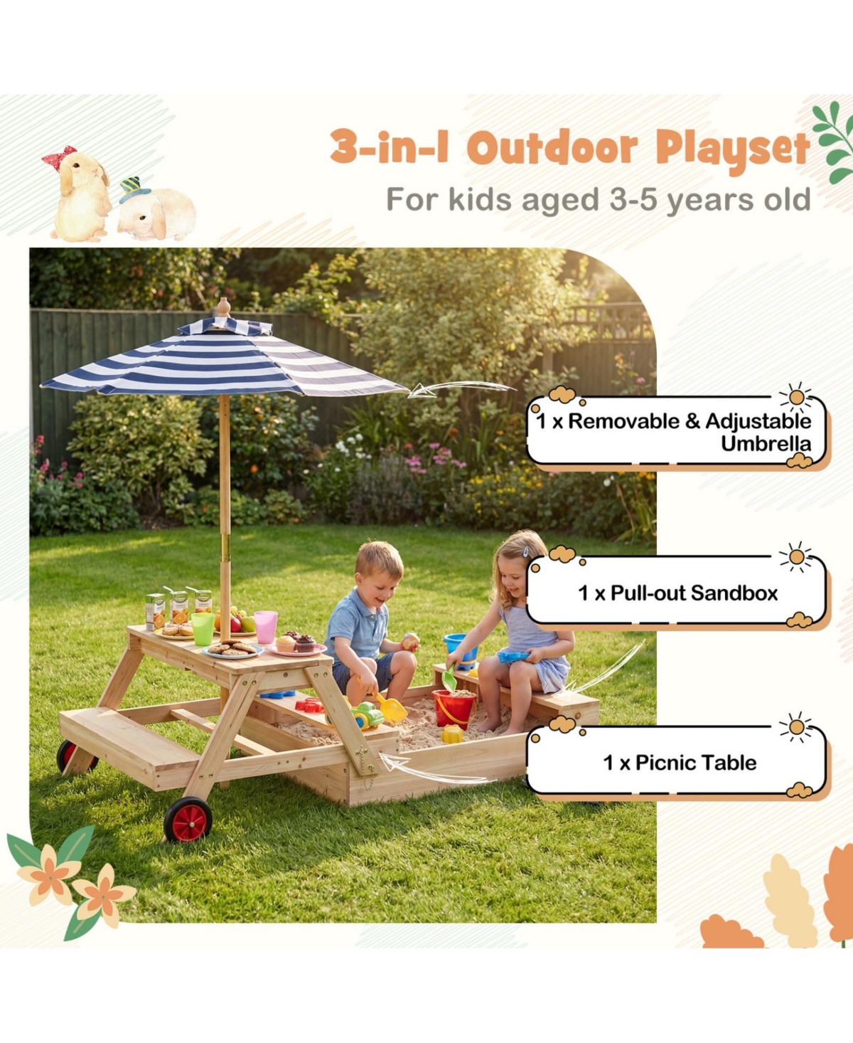 Sugift 2 in 1 Convertible Sandbox Picnic Table, Fir Wood with Adjustable Umbrella, Accommodates 3 Children, Ages 3+