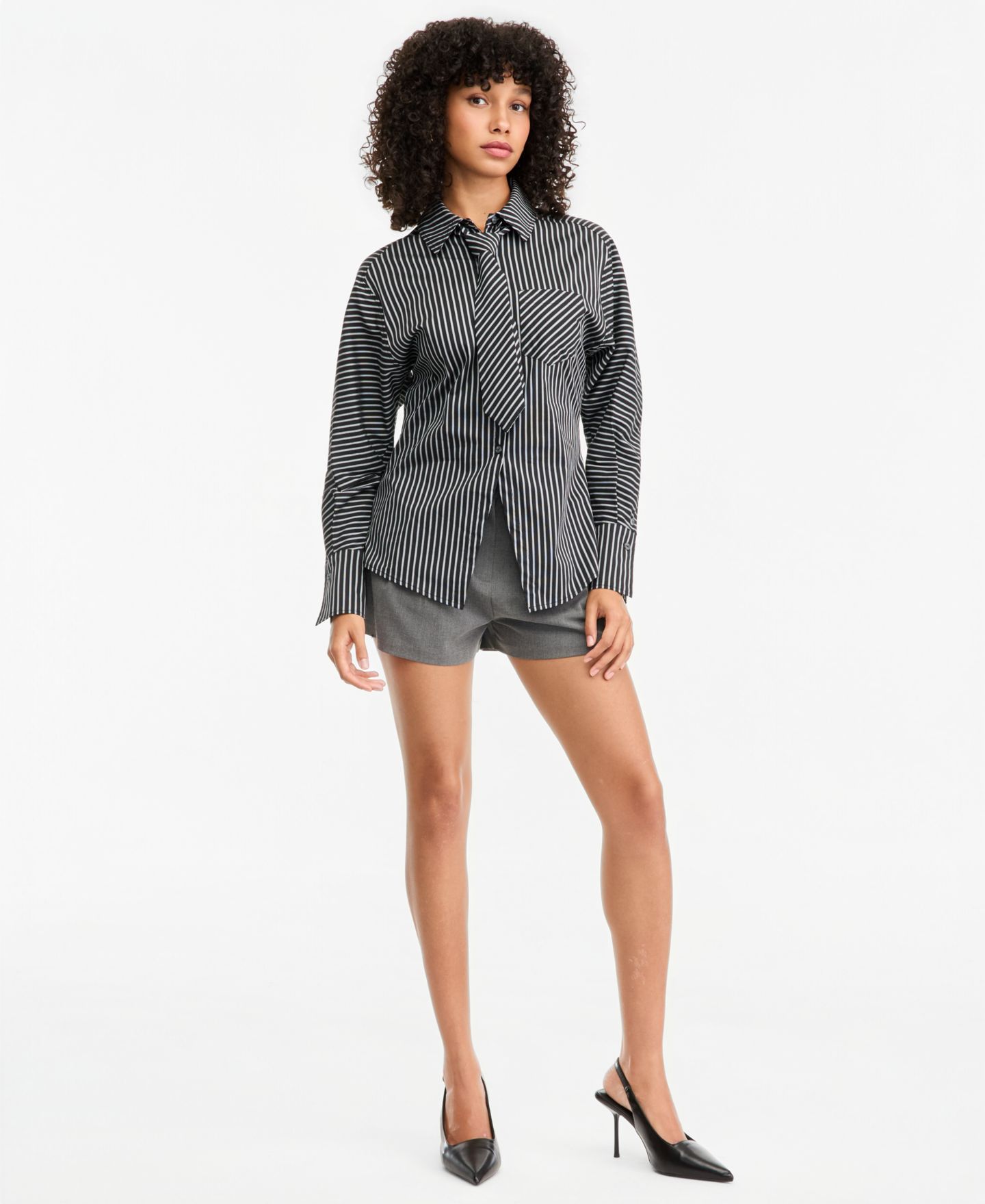 Женская рубашка Bar III Striped Tie-Neck Long-Sleeve Shirt, цвет: Чёрный комбинированный — фото 2
