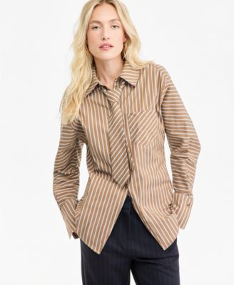 Women's Collared Striped Poplin Tie Shirt