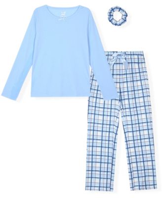 Girls' 7-16 Rib Top, Milky Plaid Pants and Matching Scrunchie Pajama, 3-Piece Set