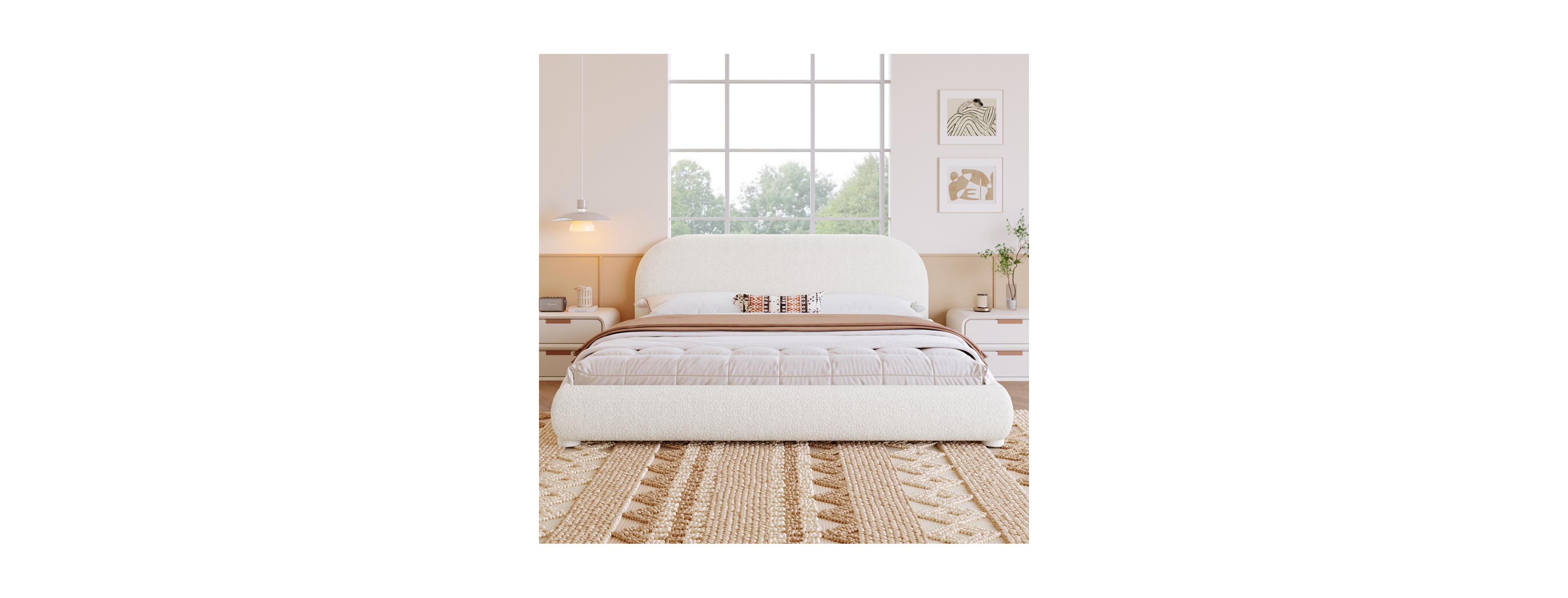 Streamdale Furniture Cream Style Fabric Upholstered Bed, Simple Modern Bedroom Double Bed