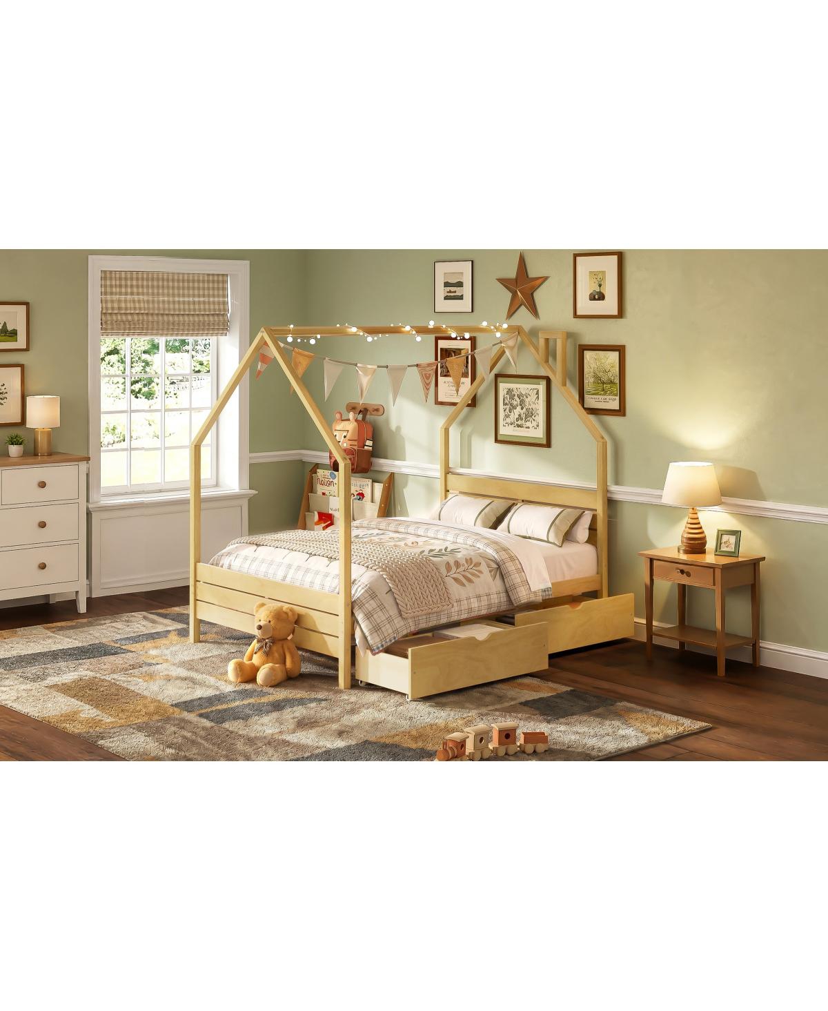 Streamdale Furniture Full House Bed Frame with 2 Storage Drawers, Montessori Style