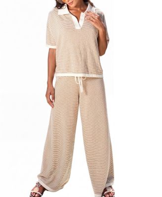 Women's Sand Stripe Collared Knit Wide Leg Two Piece Set