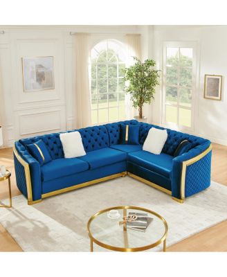  106" L-Shaped Velvet Chesterfield Sectional Sofa with Gold Accents