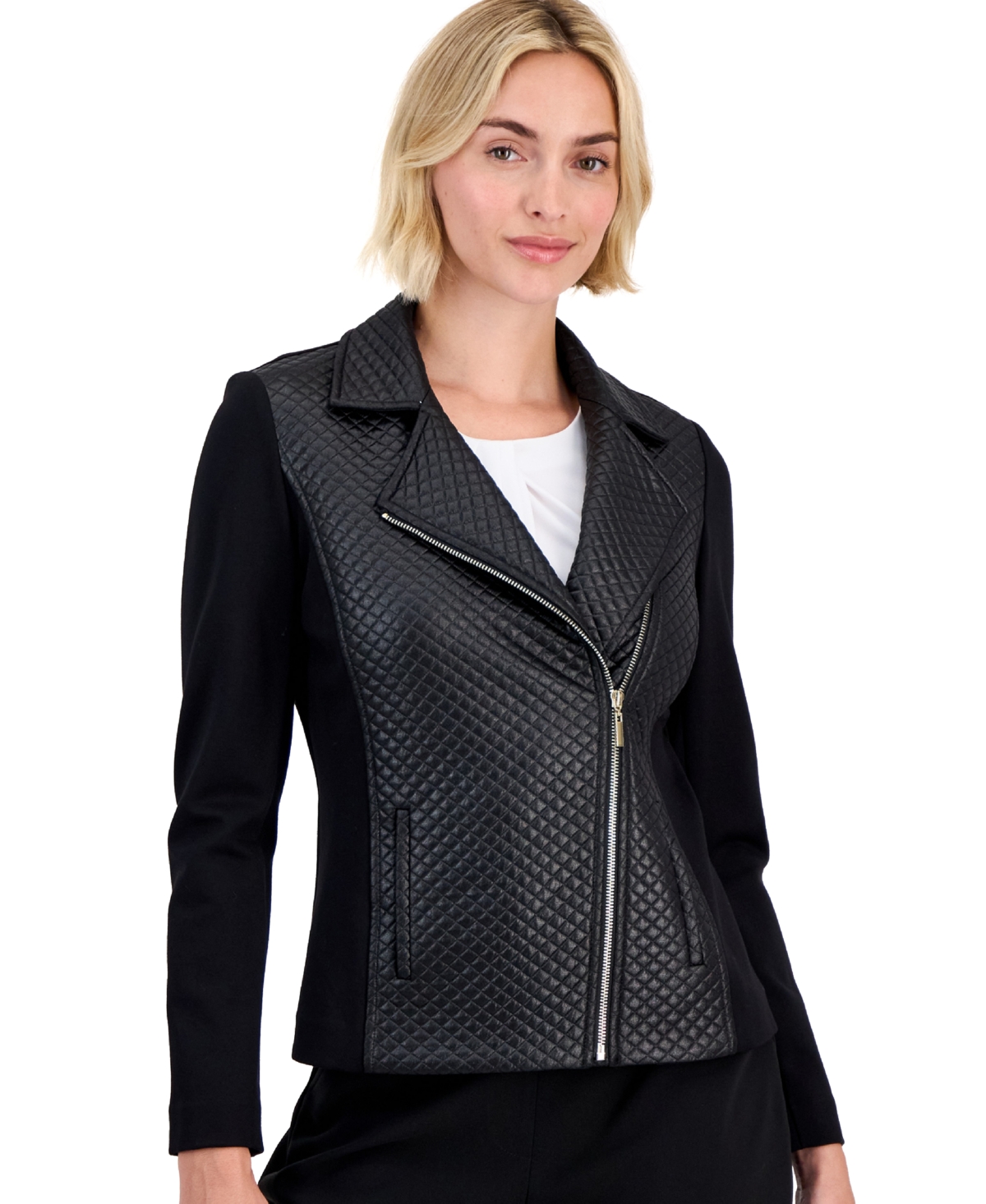 Anne Klein Petite Long-Sleeve Combo Motorcycle Jacket