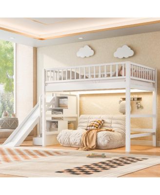  Full Size Loft Bed with Storage Staircase, Slide and LED Light
