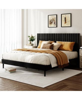 King Size Velvet Upholstered Platform Bed with Adjustable Headboard