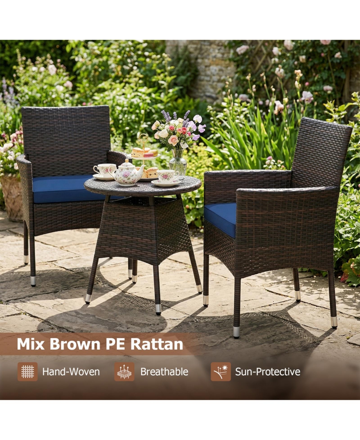 Sugift 3 Piece Patio Bistro Furniture Set with 2 Rattan Chairs and Round Side Table