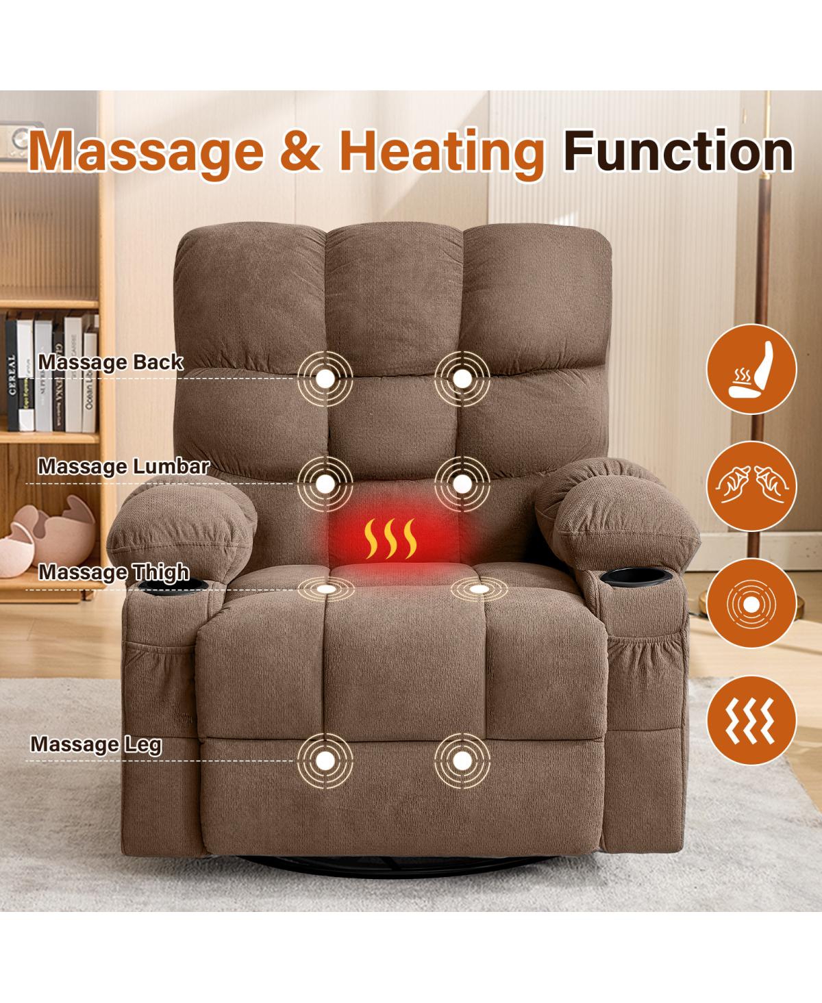 Streamdale Furniture Oversized Swivel Massage Recliner with Heat, Usb Port, and Cup Holder