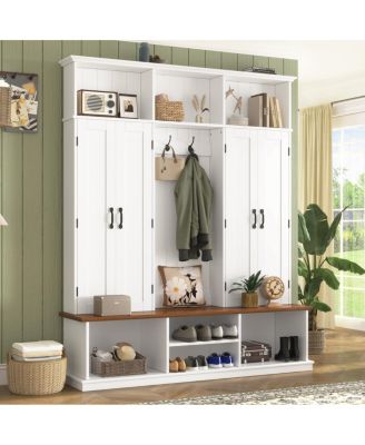 62.2''W Farmhouse Hall Tree with Bench, Storage Cubbies, Hooks and Cabinets