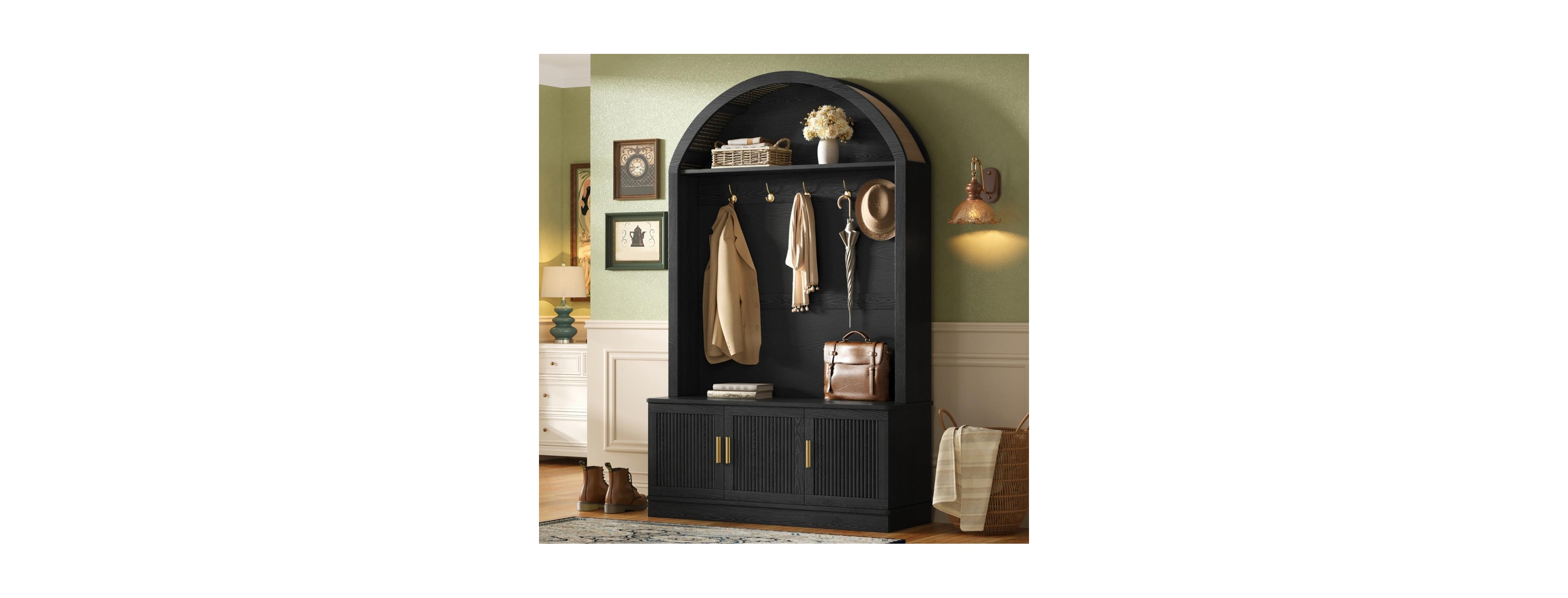 Streamdale Furniture Farmhouse Arched Hall Tree with 5 Hooks and Storage Bench
